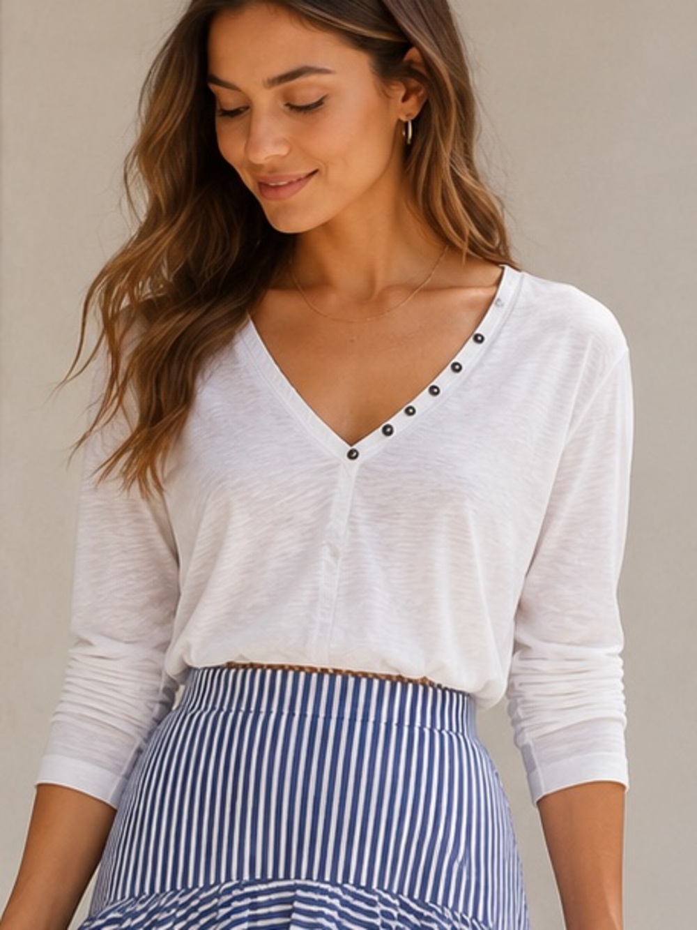 Free People White V-Neck Long Sleeve Tee with Button Trim